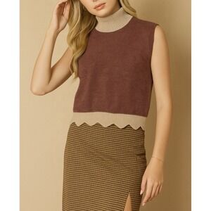 Entro Brown Cream‎ Sleeveless Colorblock Scalloped Hem Cozy Sweater L Mock Neck